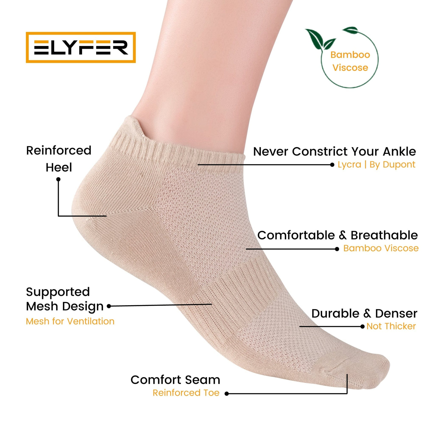 Elyfer Thin Bamboo Unisex Ankle Socks Low Cut Ankle Breathable Sports #color_beige