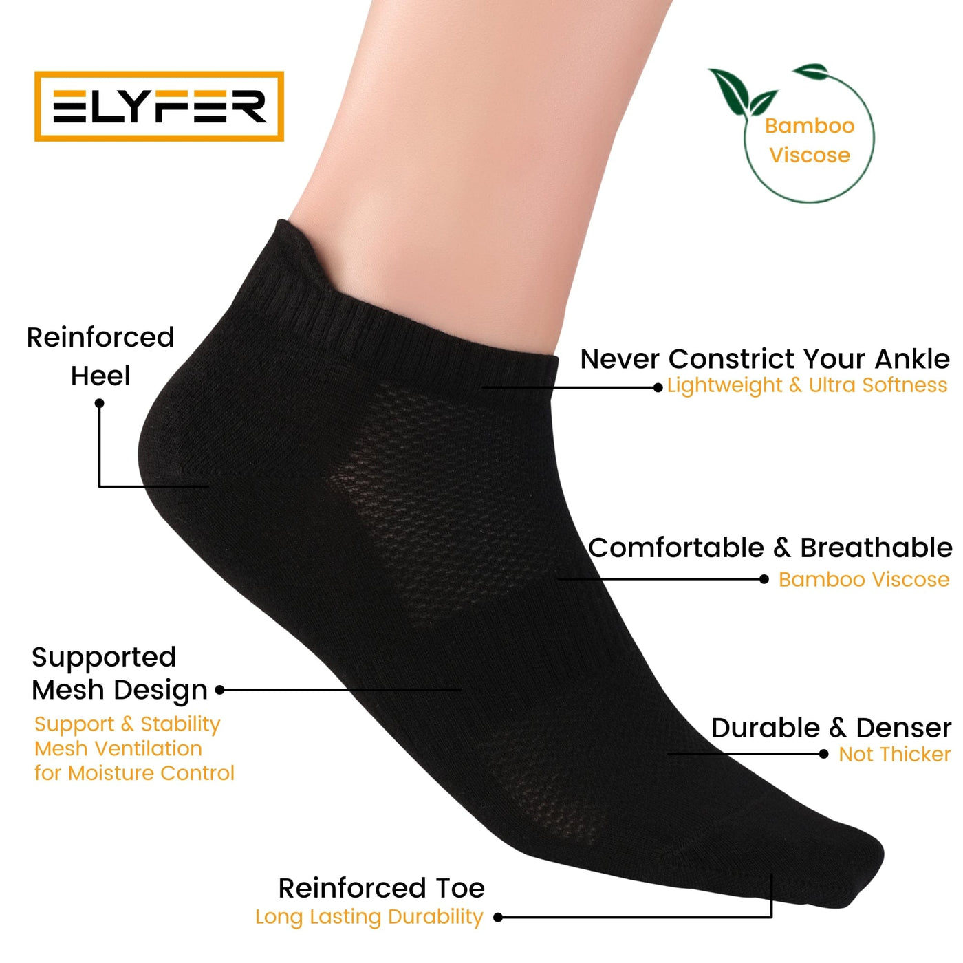 Elyfer Thin Bamboo Unisex Ankle Socks Low Cut Ankle Breathable Sports #color_black