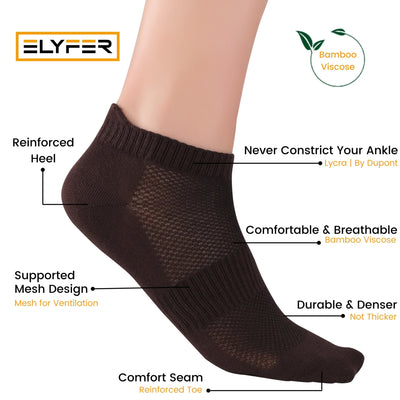 Elyfer Thin Bamboo Unisex Ankle Socks Low Cut Ankle Breathable Sports #color_black-brown