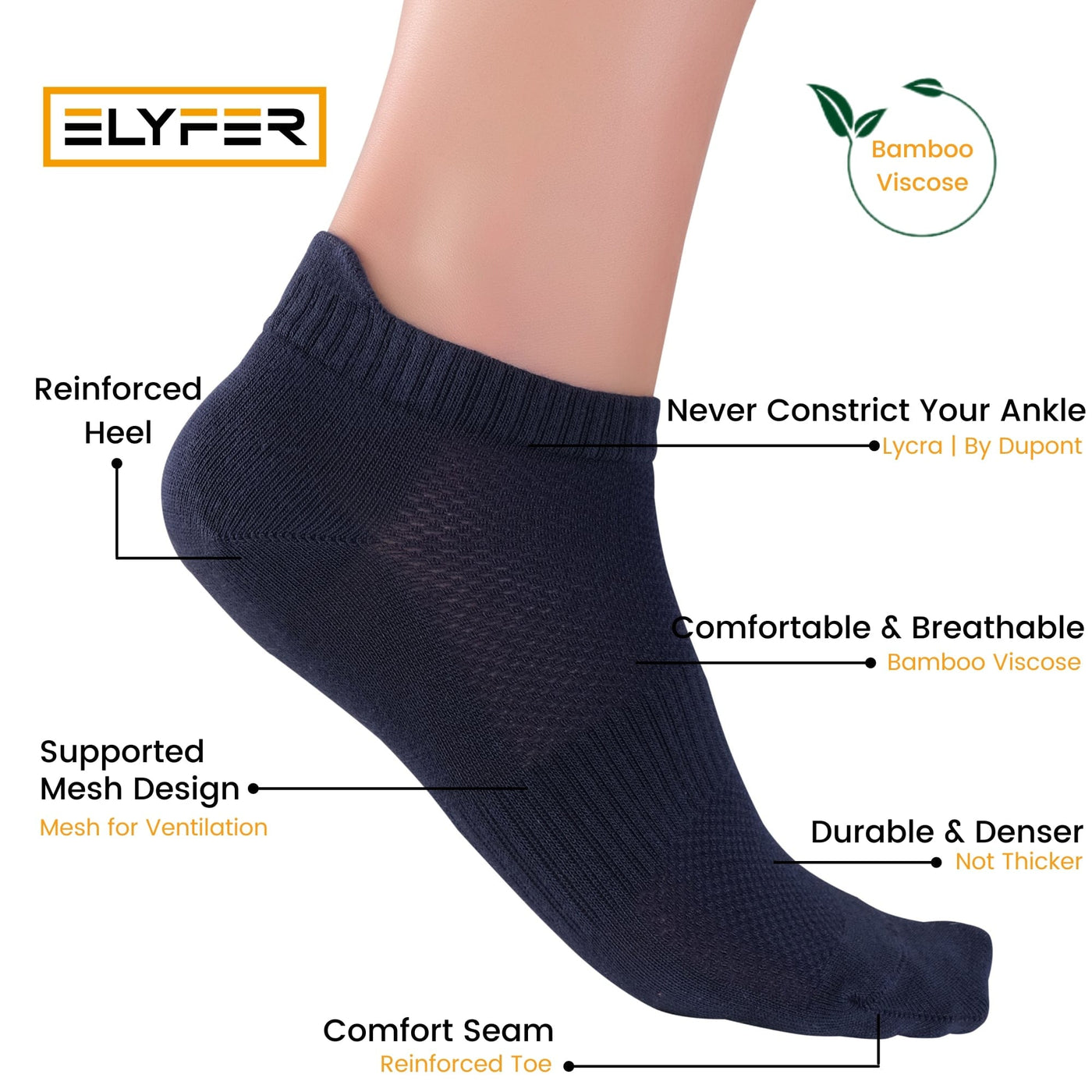 Elyfer Thin Bamboo Unisex Ankle Socks Low Cut Ankle Breathable Sports #color_navy